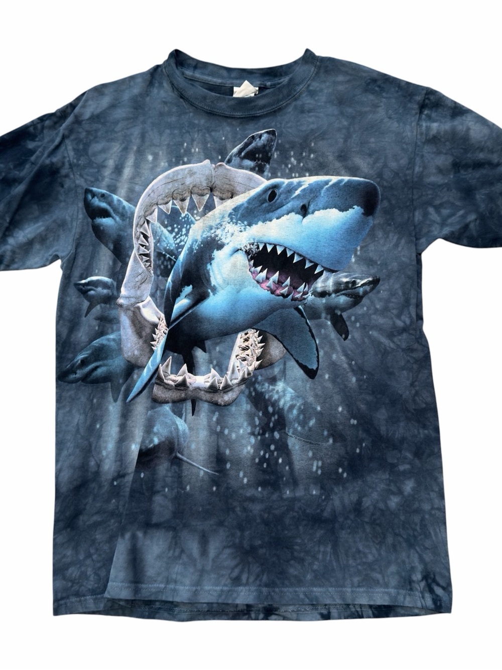 Y2K Shark Graphic Tee Grunge Streetwear Blue Tie Dye Ocean M